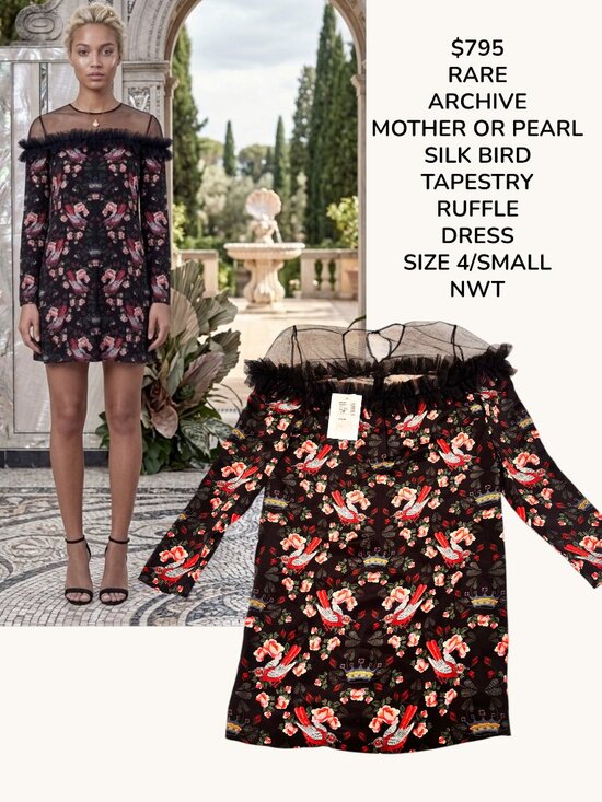 Mother of Pearl Dresses & Skirts - RARE $795 NWT ARCHIVE MOTHER OR PEARL SILK BIRD TAPESTRY RUFFLE‎ MINI DRESS 4